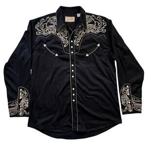 Scully Western Rodeo Shirt Black Tan Embroidered Pearl Snap Cowboy Size M EUC
